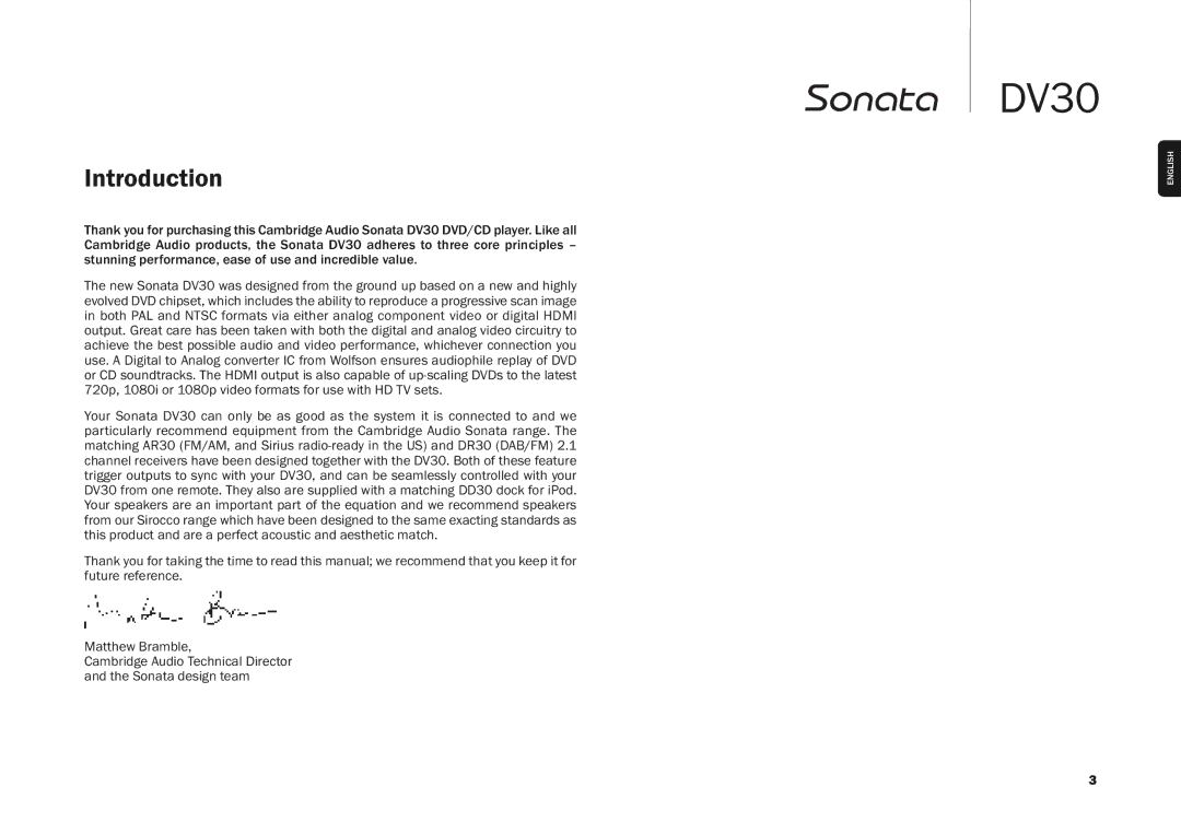 Cambridge Audio DV30 user manual Introduction 
