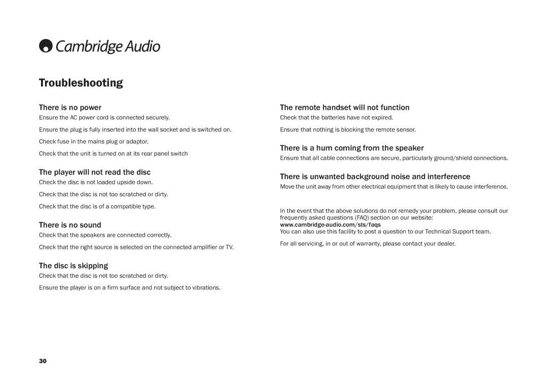 Cambridge Audio DV30 user manual Troubleshooting 