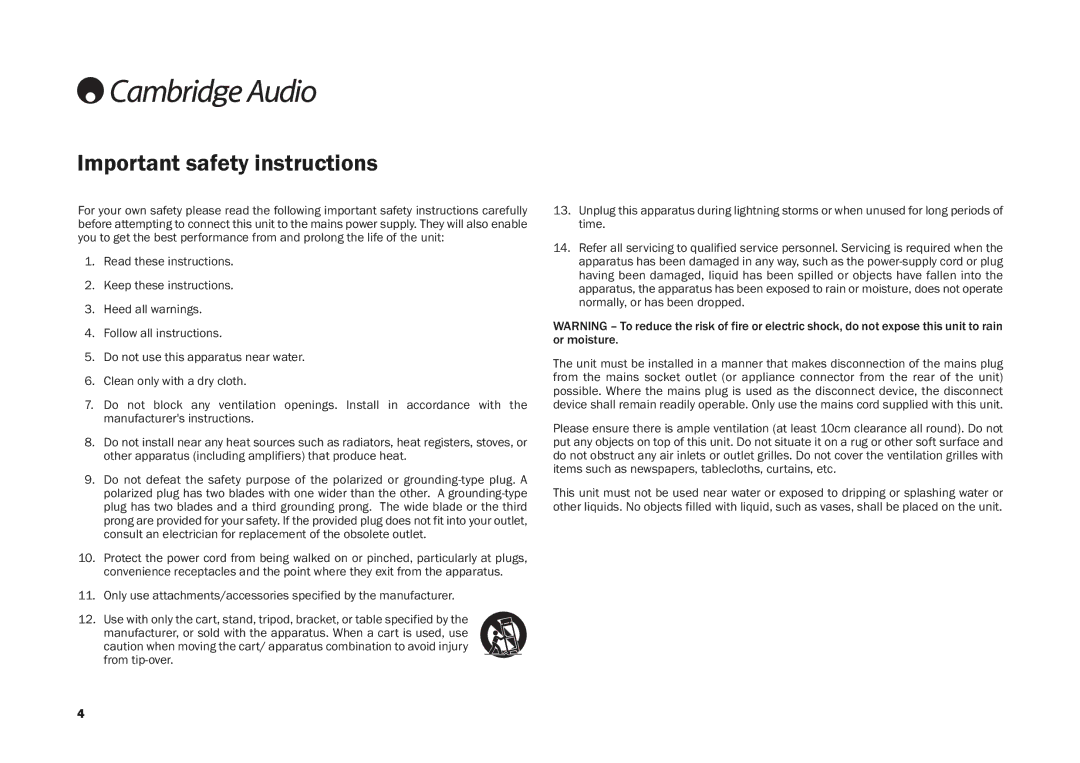 Cambridge Audio DV30 user manual Important safety instructions 