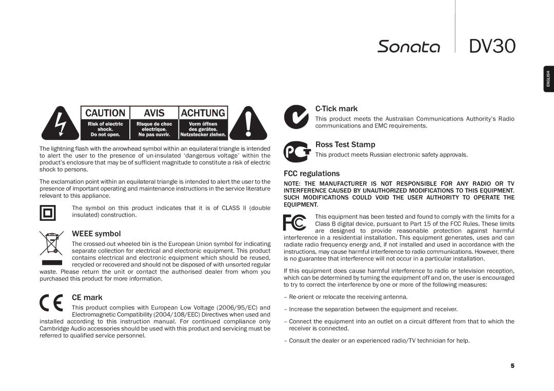 Cambridge Audio DV30 user manual Weee symbol, CE mark, Tick mark, Ross Test Stamp, FCC regulations 