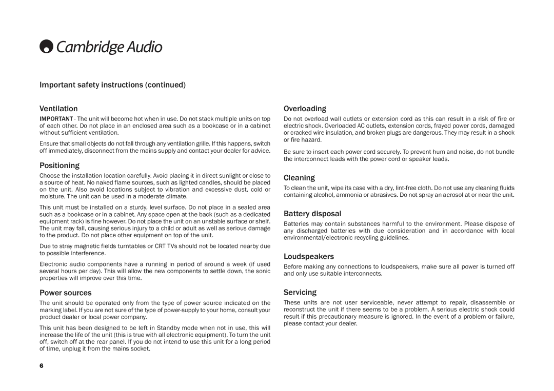 Cambridge Audio DV30 Important safety instructions Ventilation, Positioning, Overloading, Cleaning, Battery disposal 