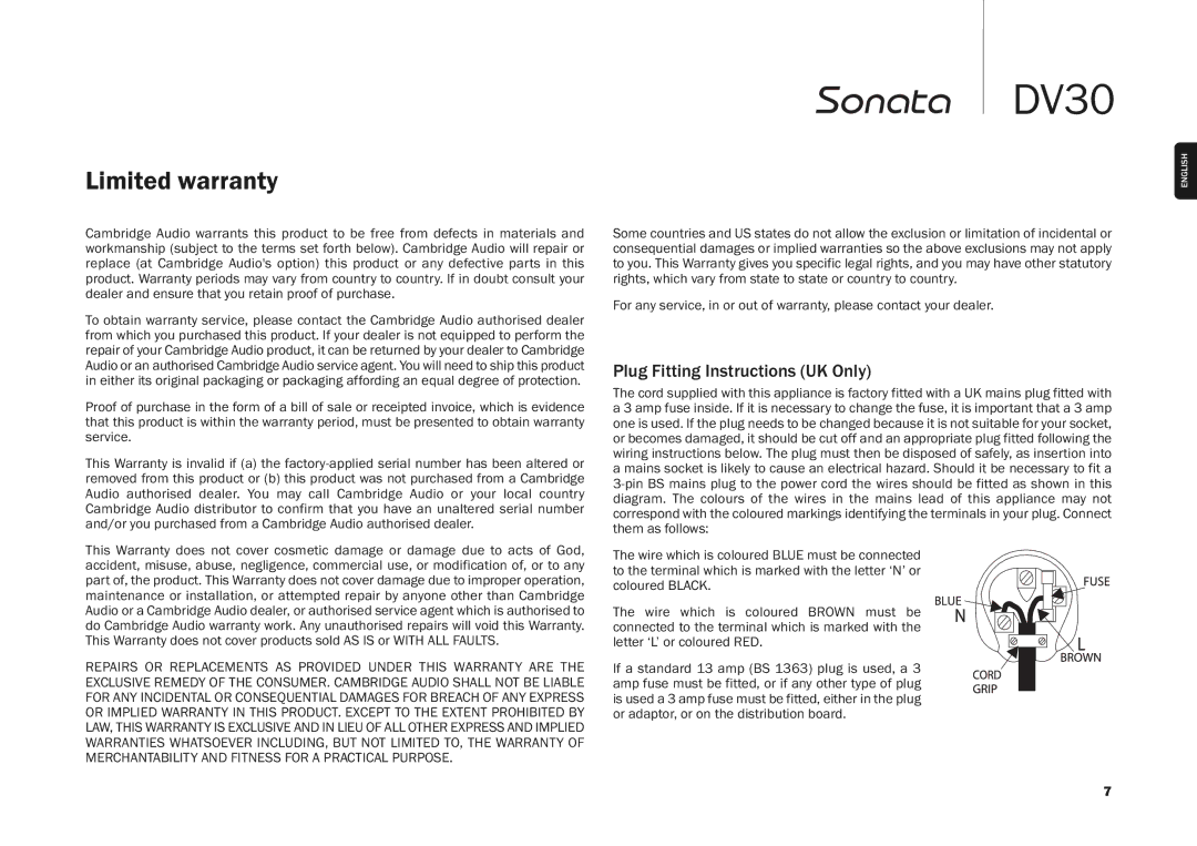 Cambridge Audio DV30 user manual Limited warranty, Plug Fitting Instructions UK Only 