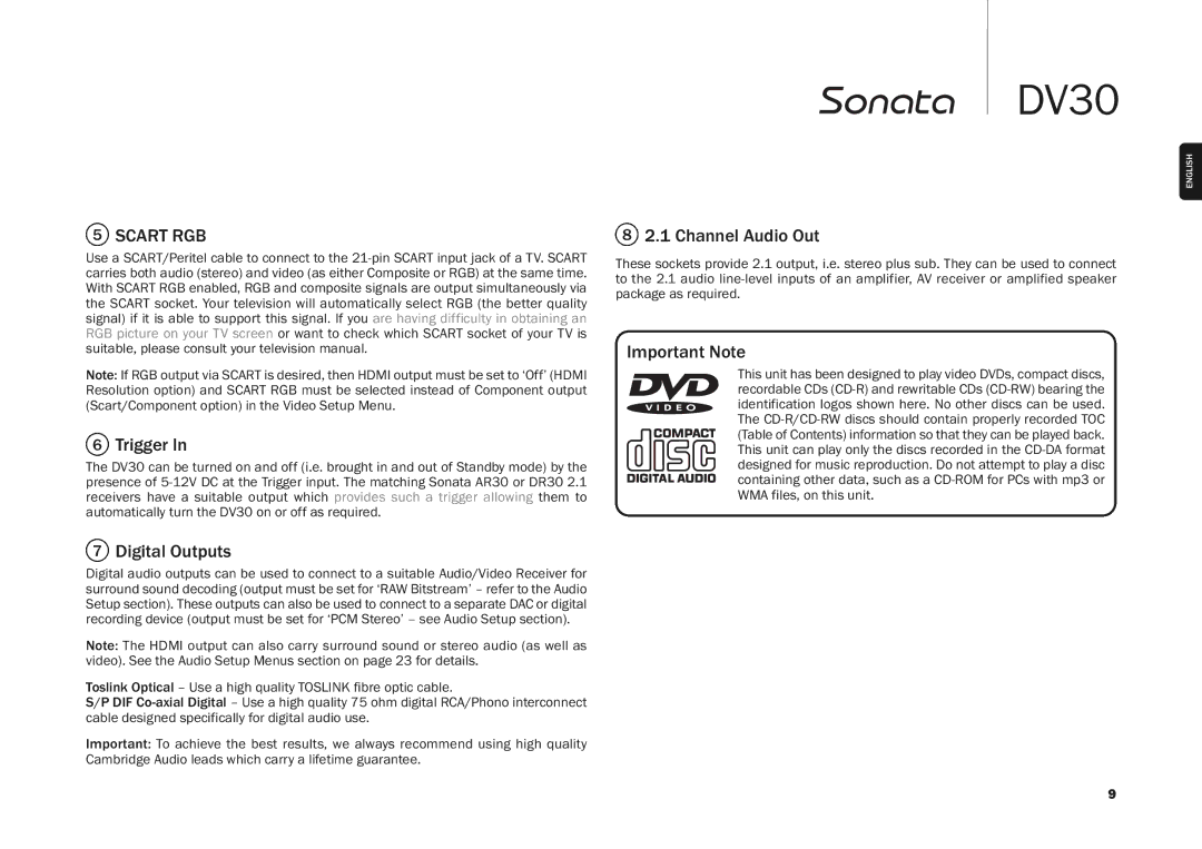 Cambridge Audio DV30 user manual Trigger, Digital Outputs, Channel Audio Out, Important Note 