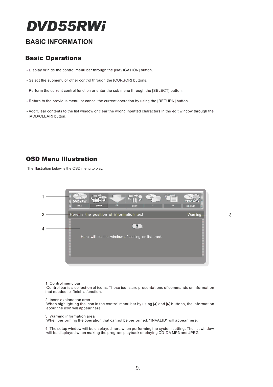 Cambridge Audio DVD55RWi owner manual Basic Operations, OSD Menu Illustration 