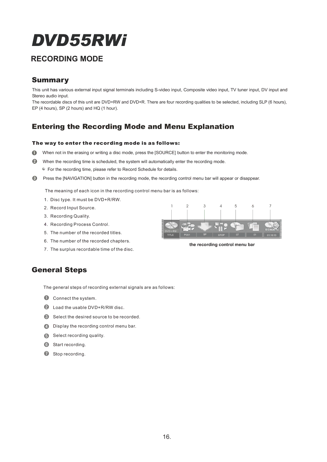 Cambridge Audio DVD55RWi owner manual Summary, Entering the Recording Mode and Menu Explanation, General Steps 