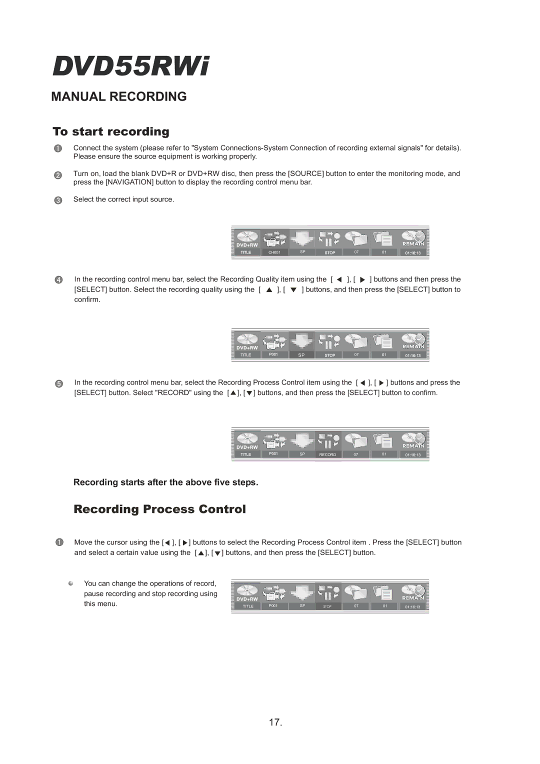 Cambridge Audio DVD55RWi owner manual Manual Recording, To start recording, Recording Process Control 