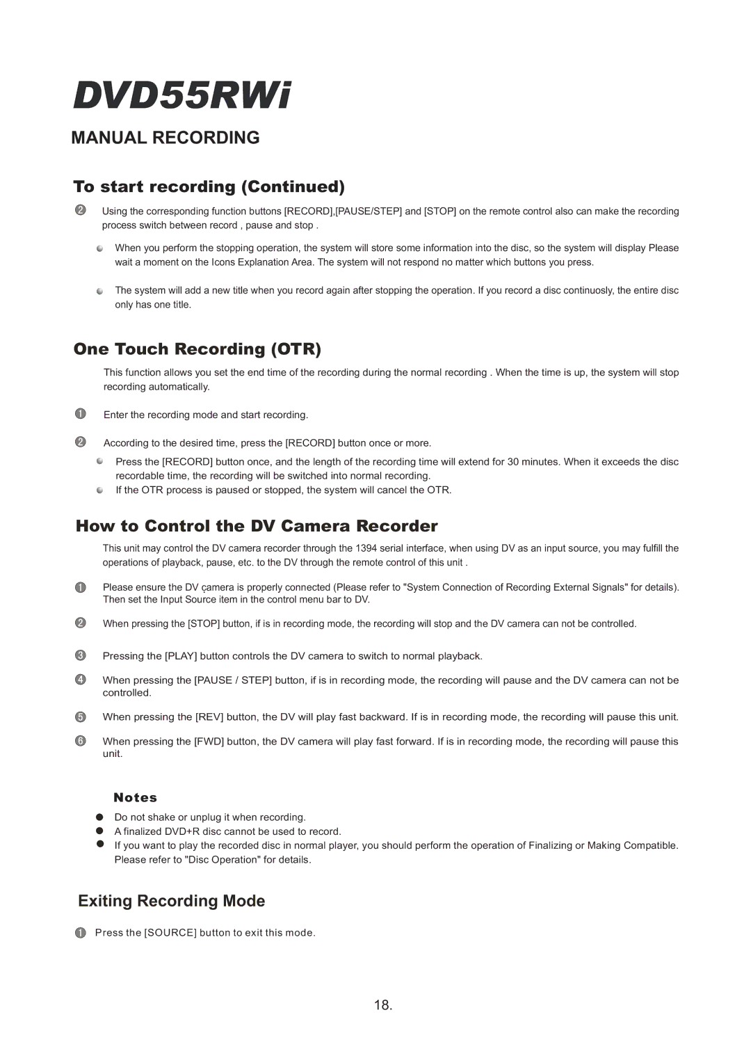 Cambridge Audio DVD55RWi One Touch Recording OTR, How to Control the DV Camera Recorder, Exiting Recording Mode 