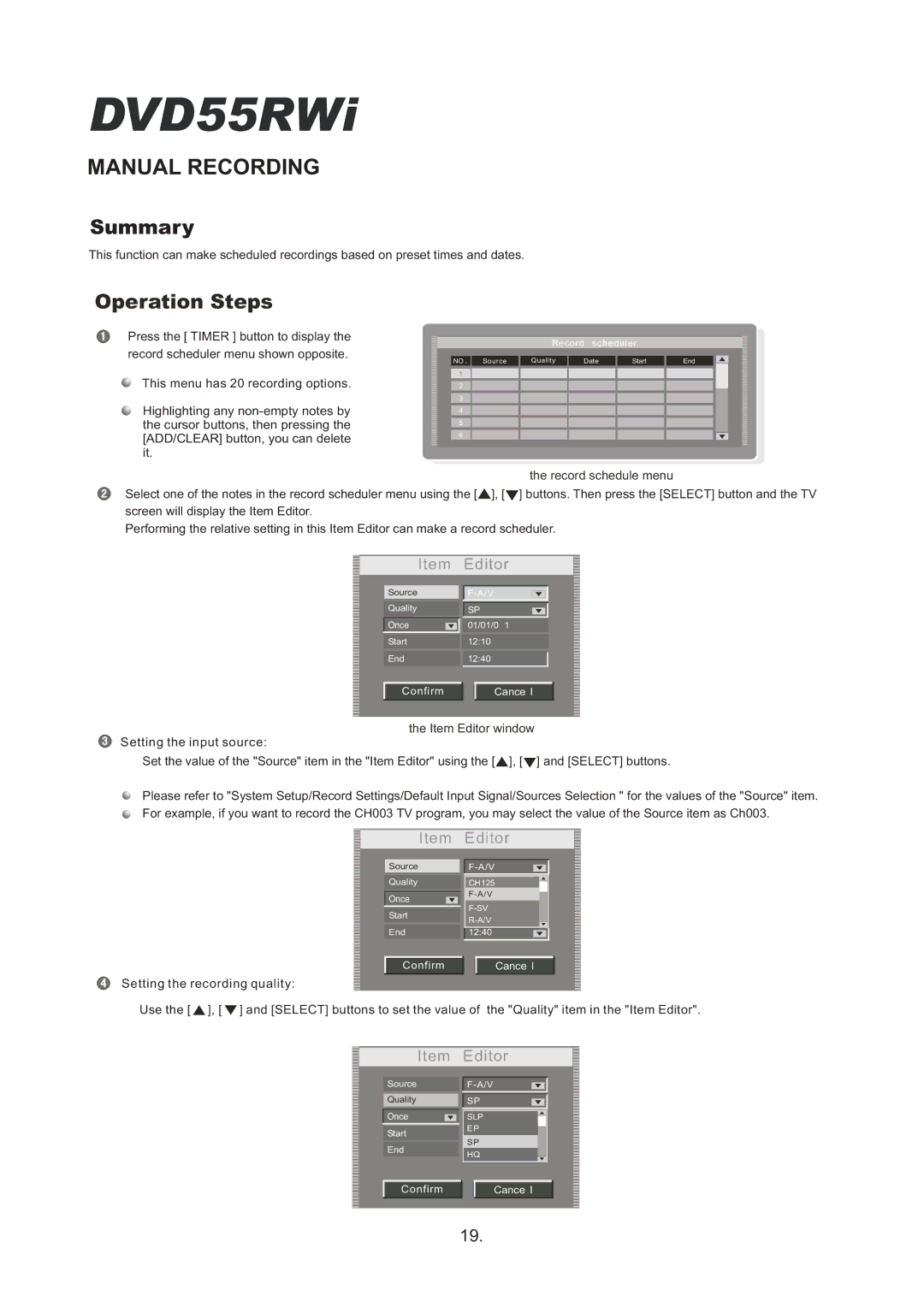 Cambridge Audio DVD55RWi owner manual Operation Steps, Record schedule menu 