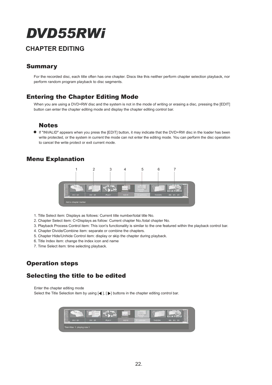 Cambridge Audio DVD55RWi owner manual Entering the Chapter Editing Mode, Menu Explanation 