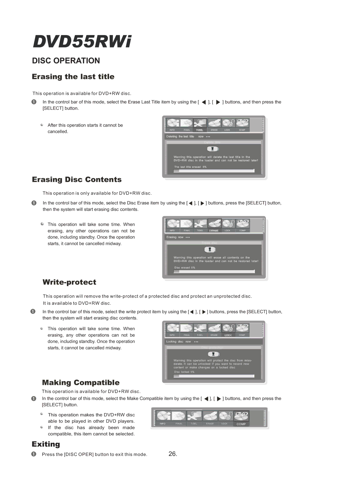 Cambridge Audio DVD55RWi owner manual Erasing the last title, Erasing Disc Contents, Write-protect, Making Compatible 