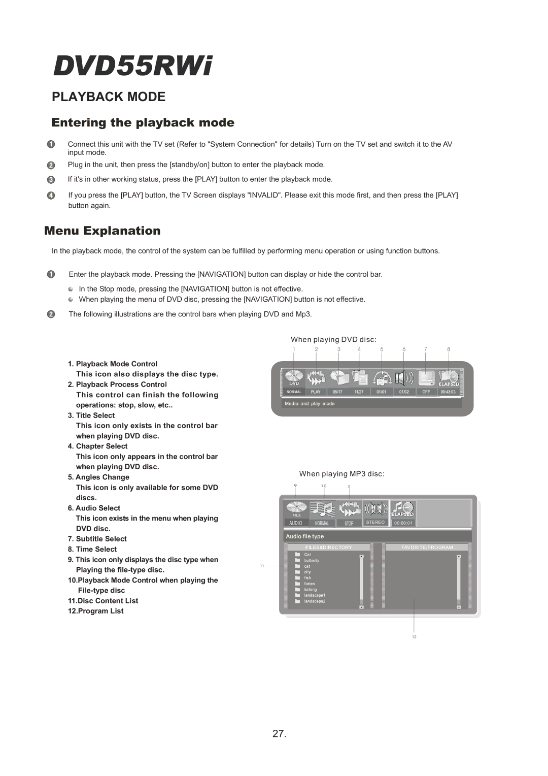 Cambridge Audio DVD55RWi owner manual Playback Mode, Entering the playback mode 