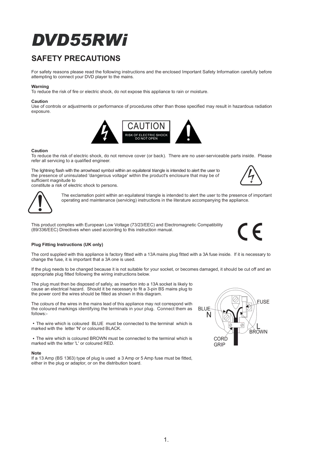 Cambridge Audio DVD55RWi owner manual Safety Precautions, Plug Fitting Instructions UK only 