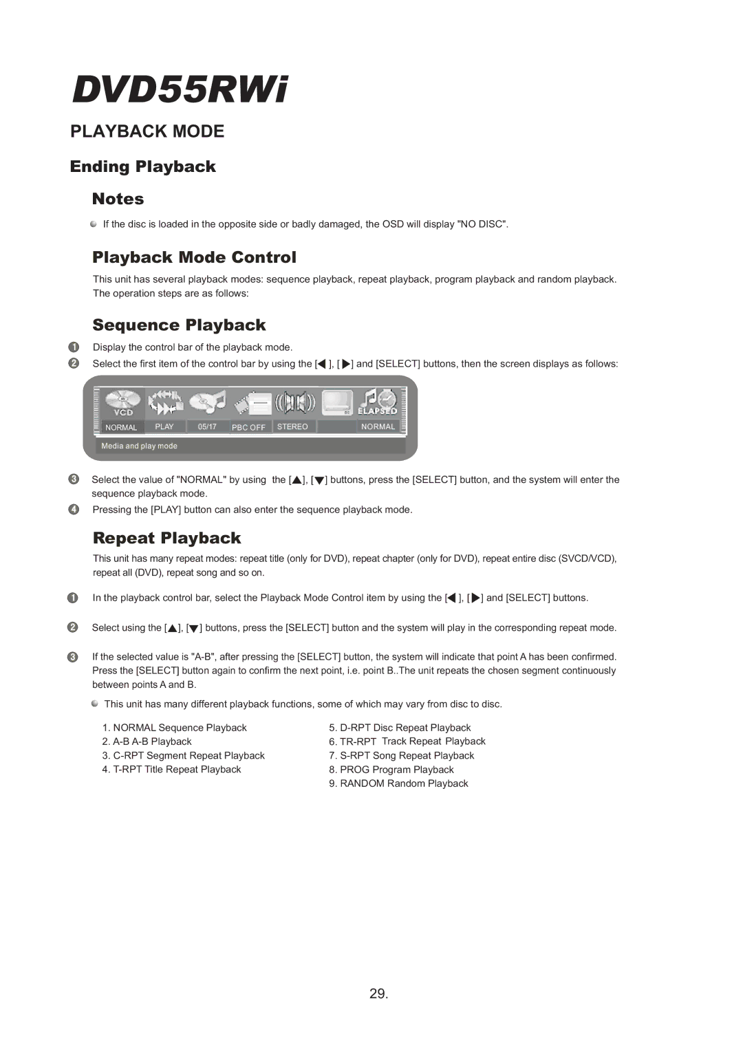 Cambridge Audio DVD55RWi owner manual Ending Playback, Playback Mode Control, Sequence Playback, Repeat Playback 