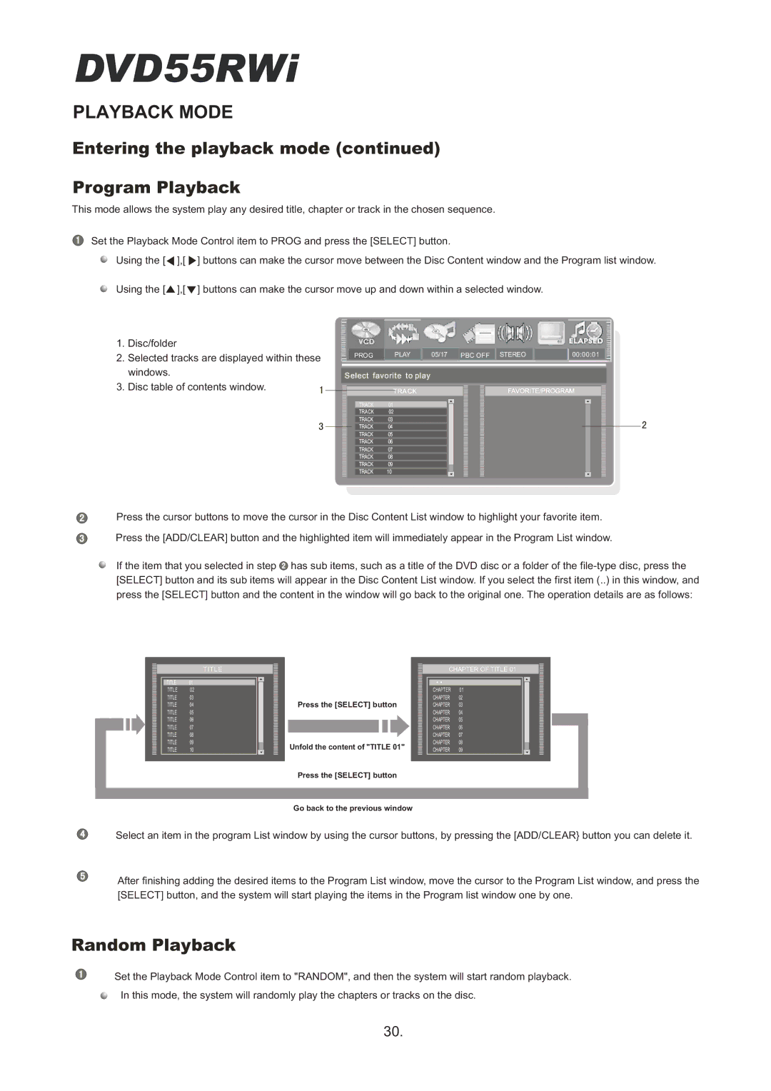 Cambridge Audio DVD55RWi owner manual Entering the playback mode Program Playback, Random Playback 