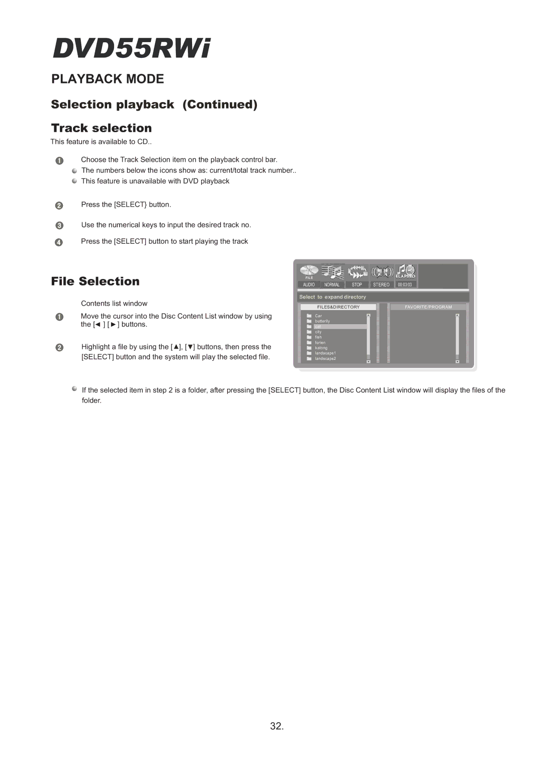 Cambridge Audio DVD55RWi owner manual Selection playback, Track selection, File Selection 