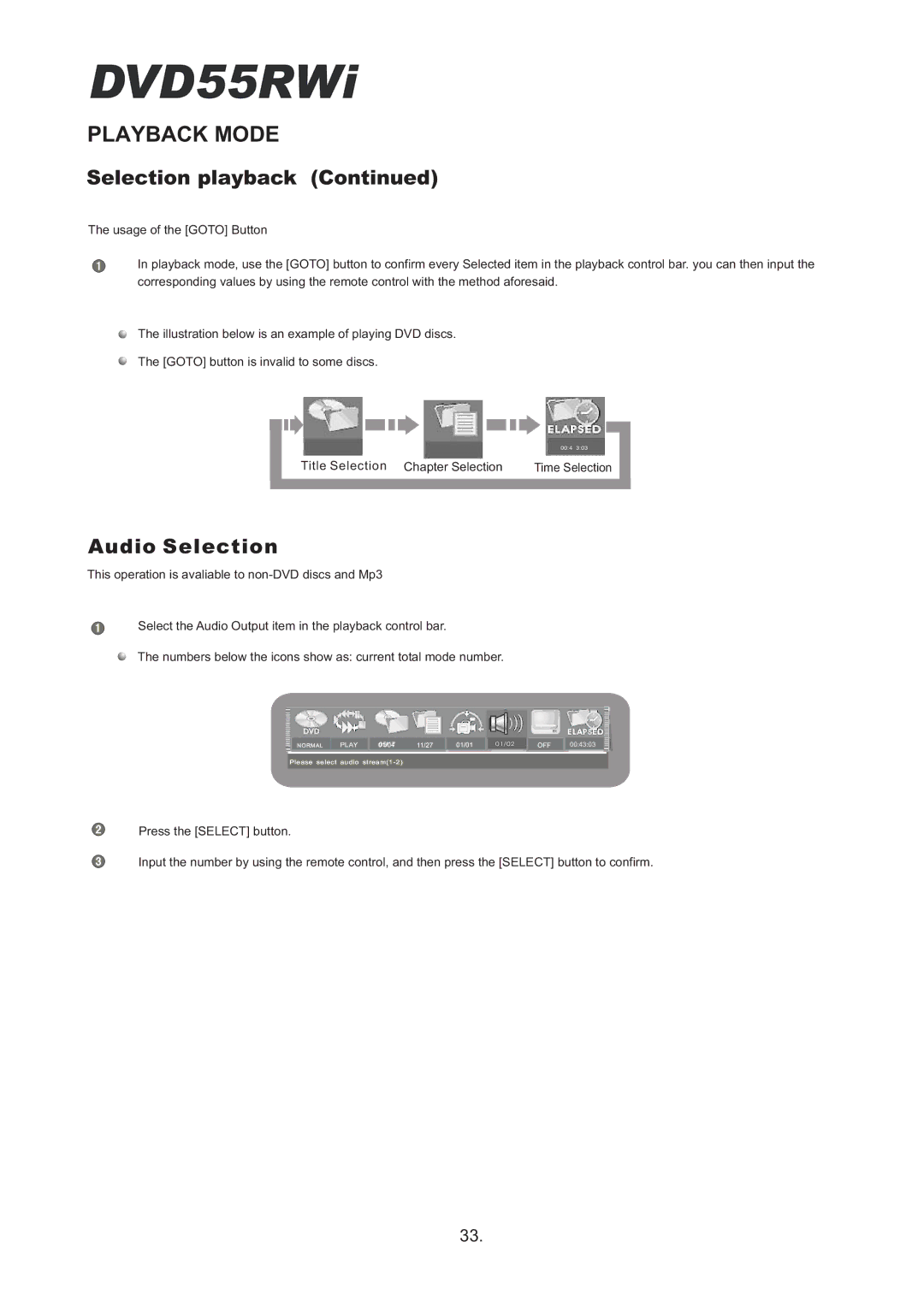 Cambridge Audio DVD55RWi owner manual Audio Selection 