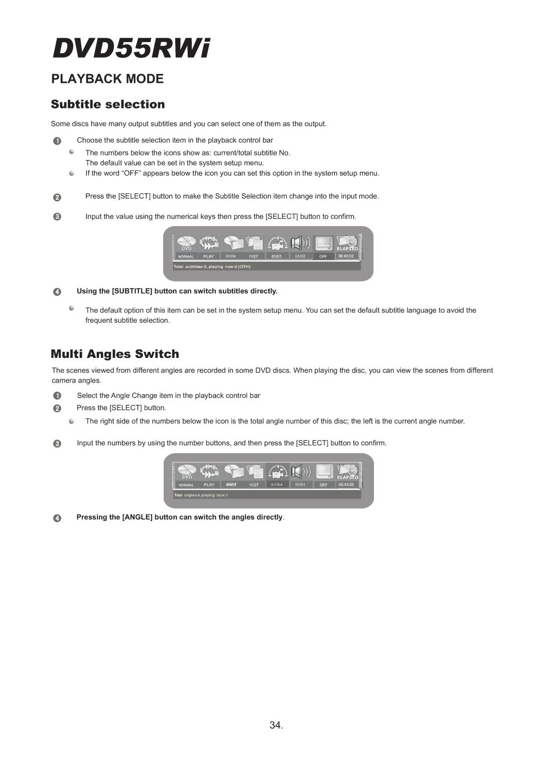 Cambridge Audio DVD55RWi owner manual Subtitle selection, Multi Angles Switch 