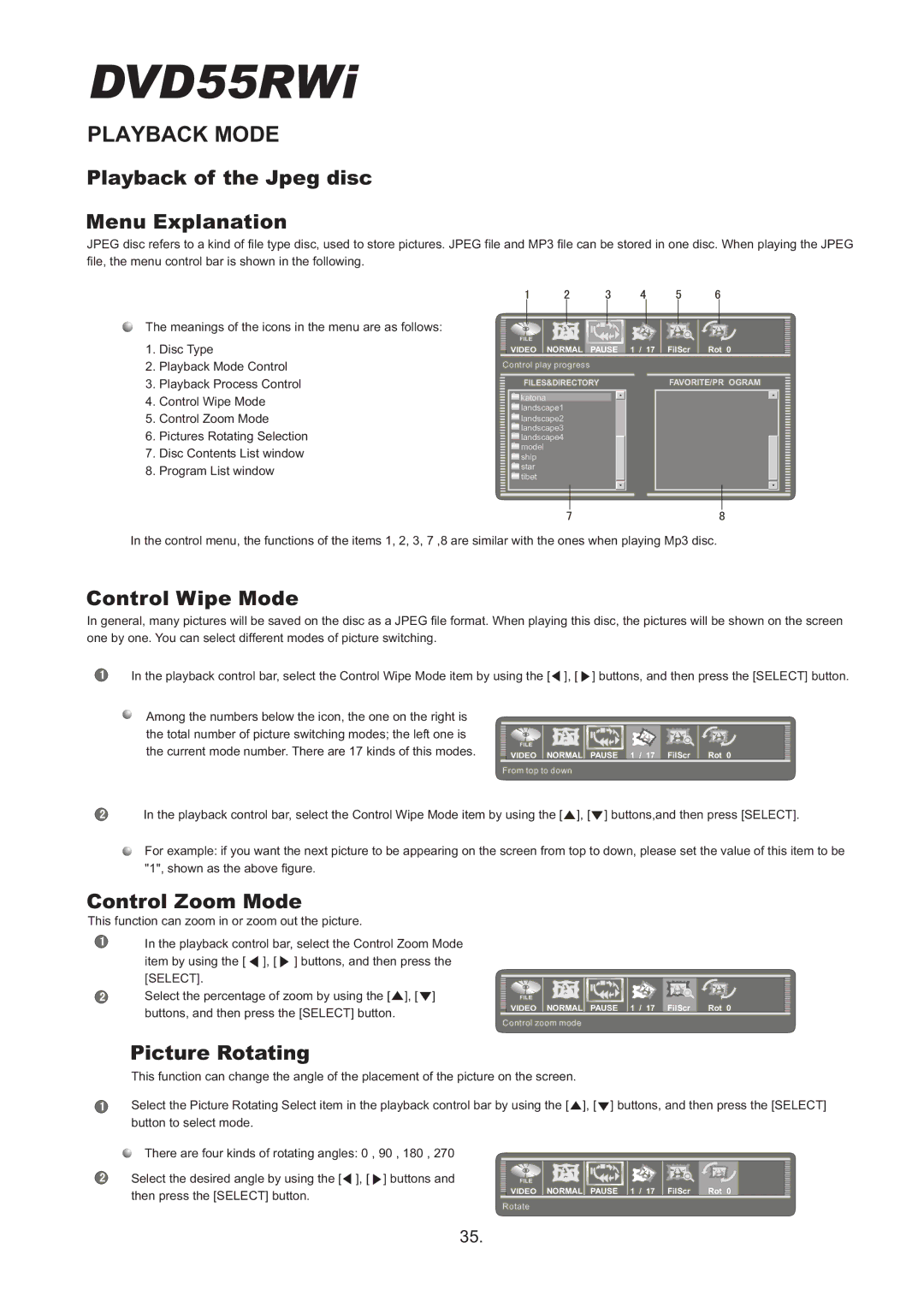 Cambridge Audio DVD55RWi owner manual Playback of the Jpeg disc Menu Explanation, Control Wipe Mode, Control Zoom Mode 