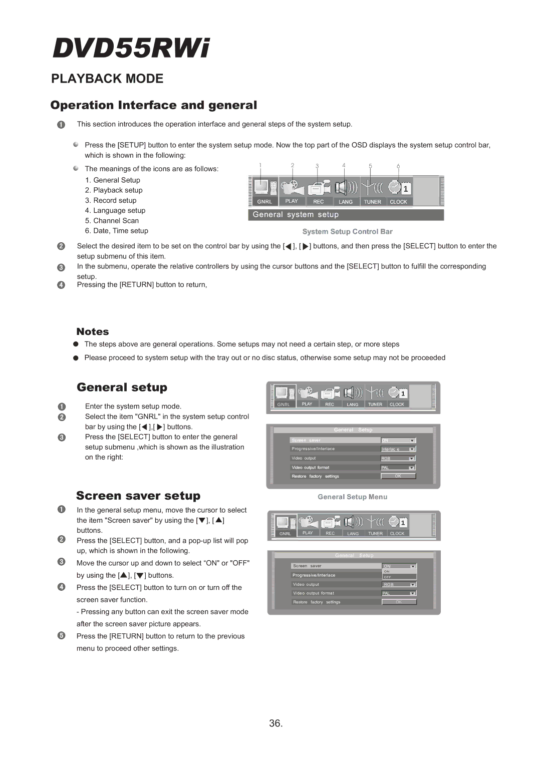 Cambridge Audio DVD55RWi owner manual Operation Interface and general, General setup, Screen saver setup 