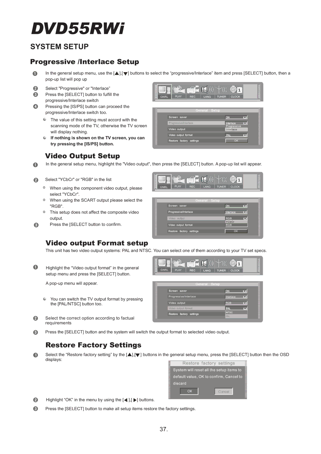 Cambridge Audio DVD55RWi System Setup, Progressive /Interlace Setup, Video Output Setup, Video output Format setup 