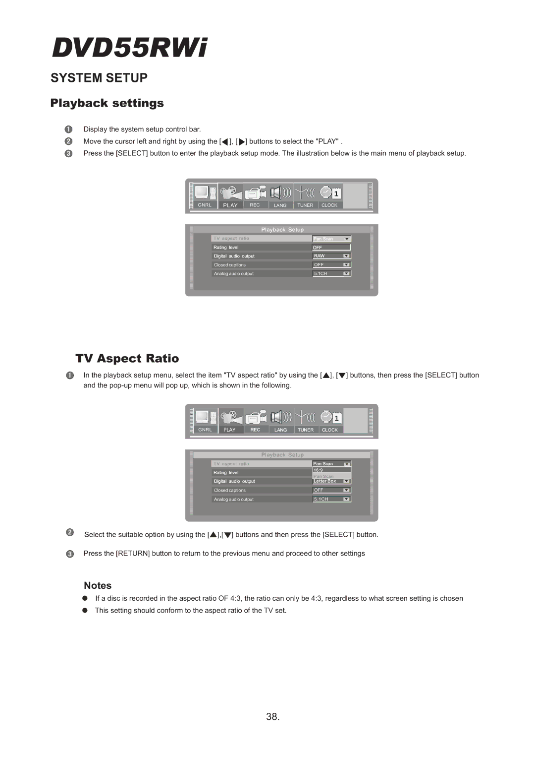 Cambridge Audio DVD55RWi owner manual Playback settings, TV Aspect Ratio 