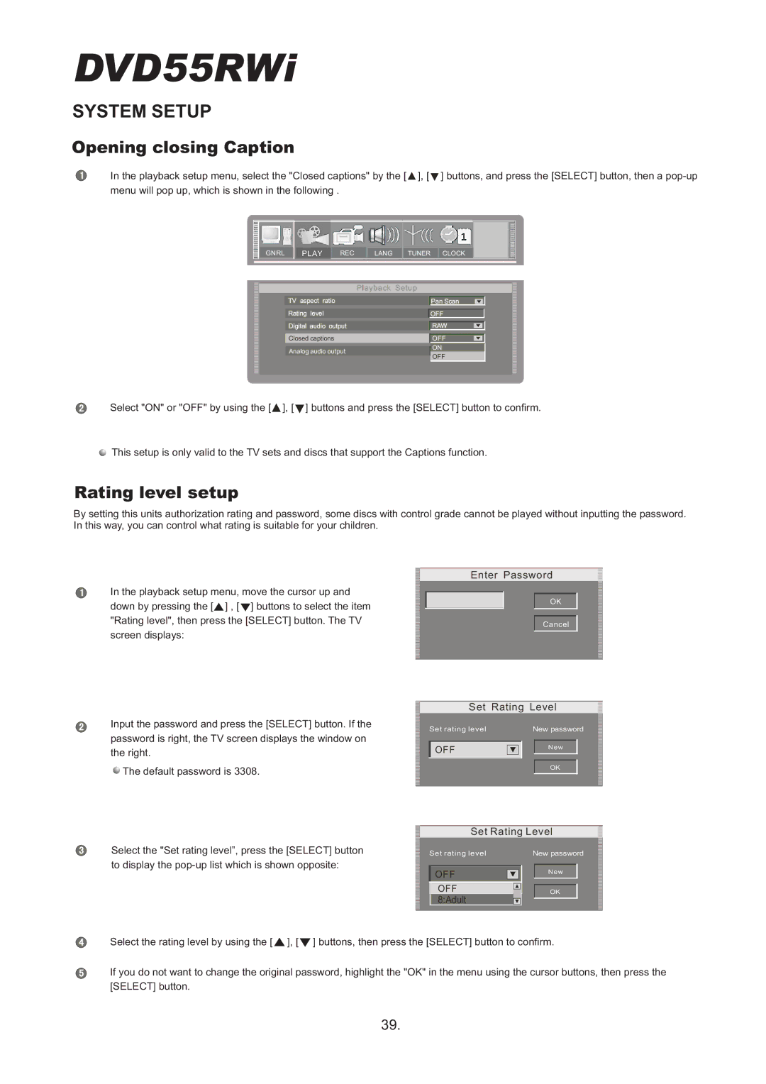 Cambridge Audio DVD55RWi owner manual Opening closing Caption, Rating level setup 