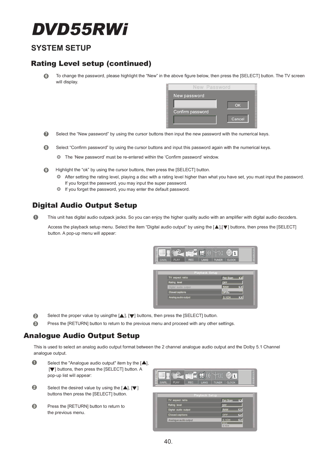 Cambridge Audio DVD55RWi owner manual Digital Audio Output Setup, Analogue Audio Output Setup 