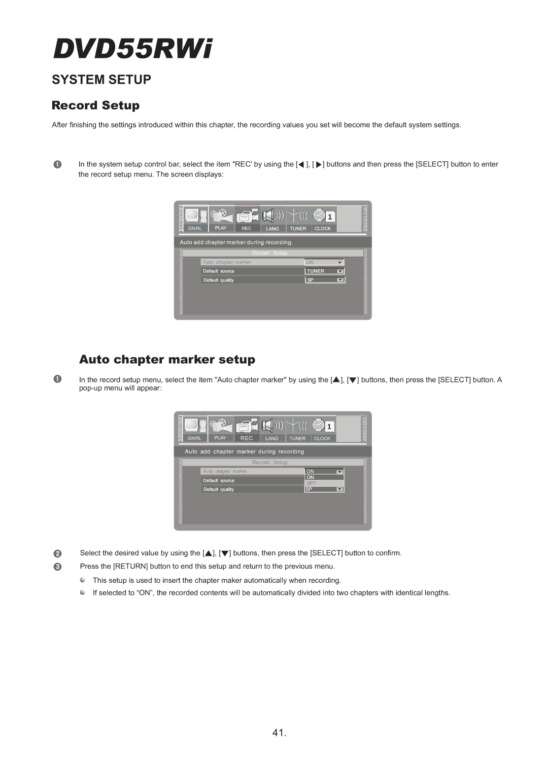 Cambridge Audio DVD55RWi owner manual Record Setup, Auto chapter marker setup 