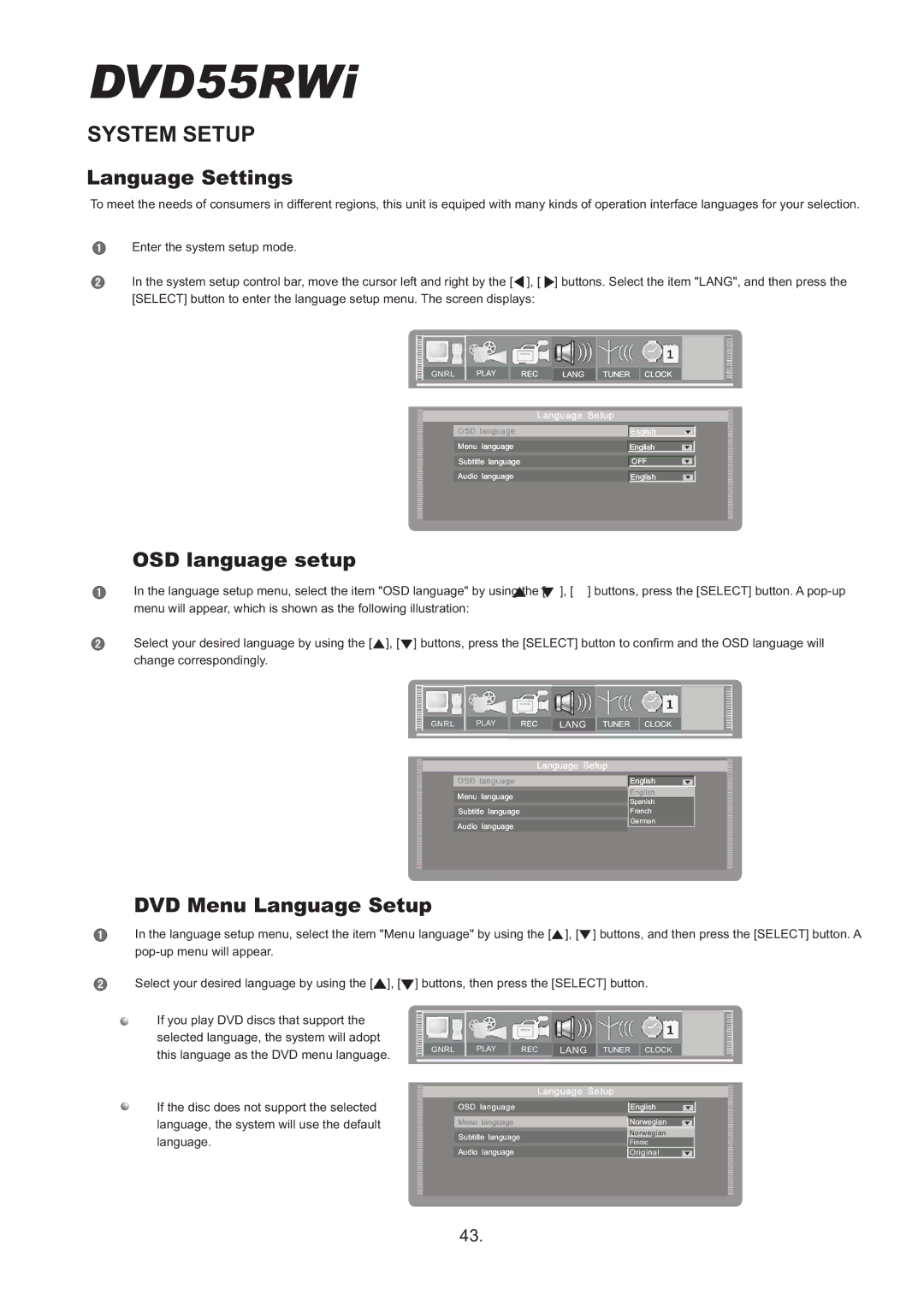 Cambridge Audio DVD55RWi owner manual Language Settings, OSD language setup, DVD Menu Language Setup 