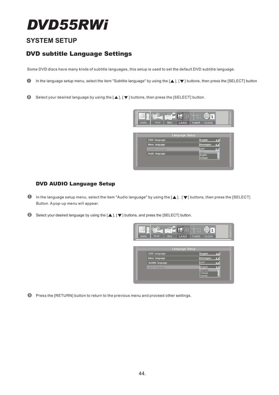 Cambridge Audio DVD55RWi owner manual DVD subtitle Language Settings, DVD Audio Language Setup 