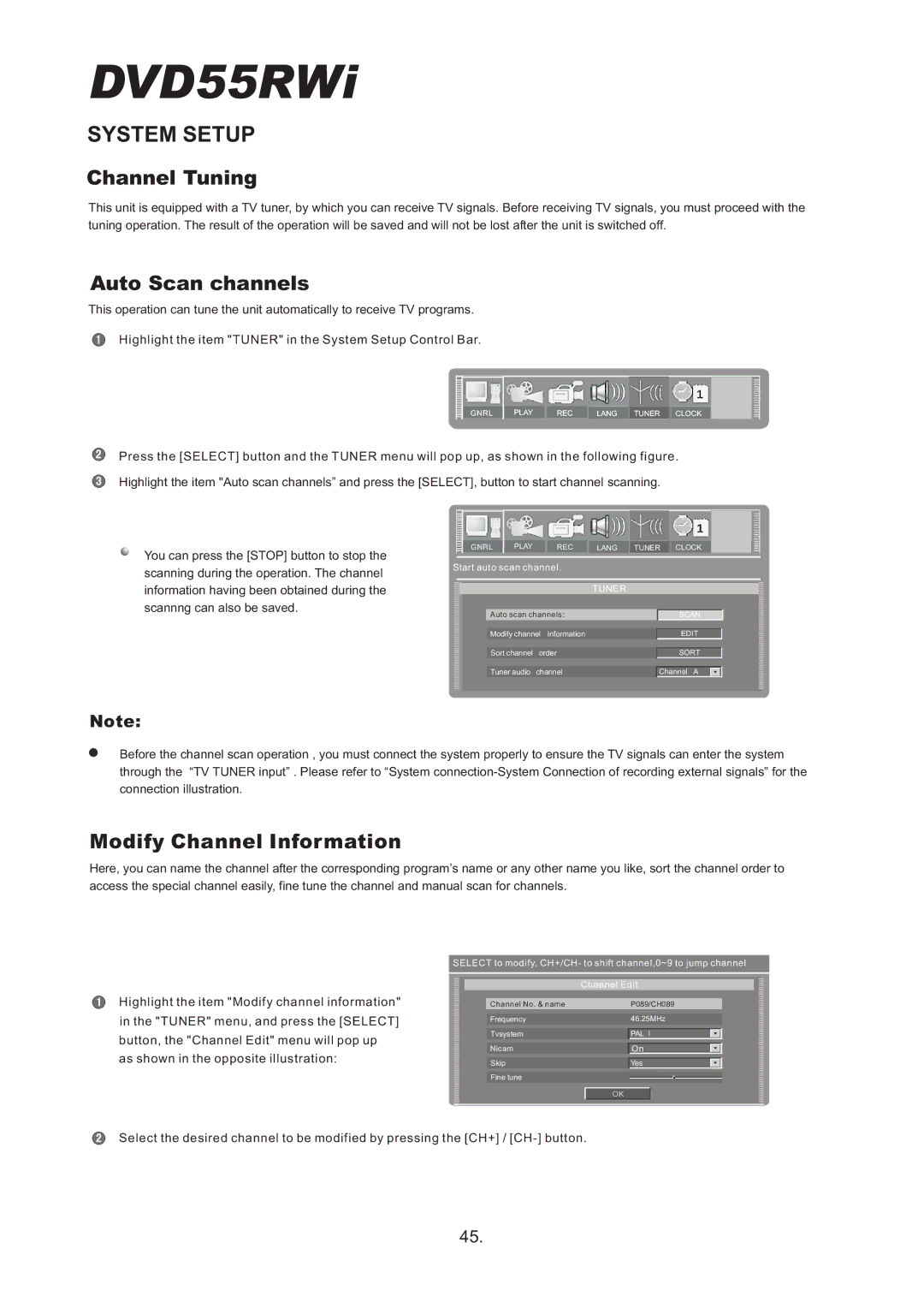 Cambridge Audio DVD55RWi owner manual Channel Tuning, Auto Scan channels, Modify Channel Information 