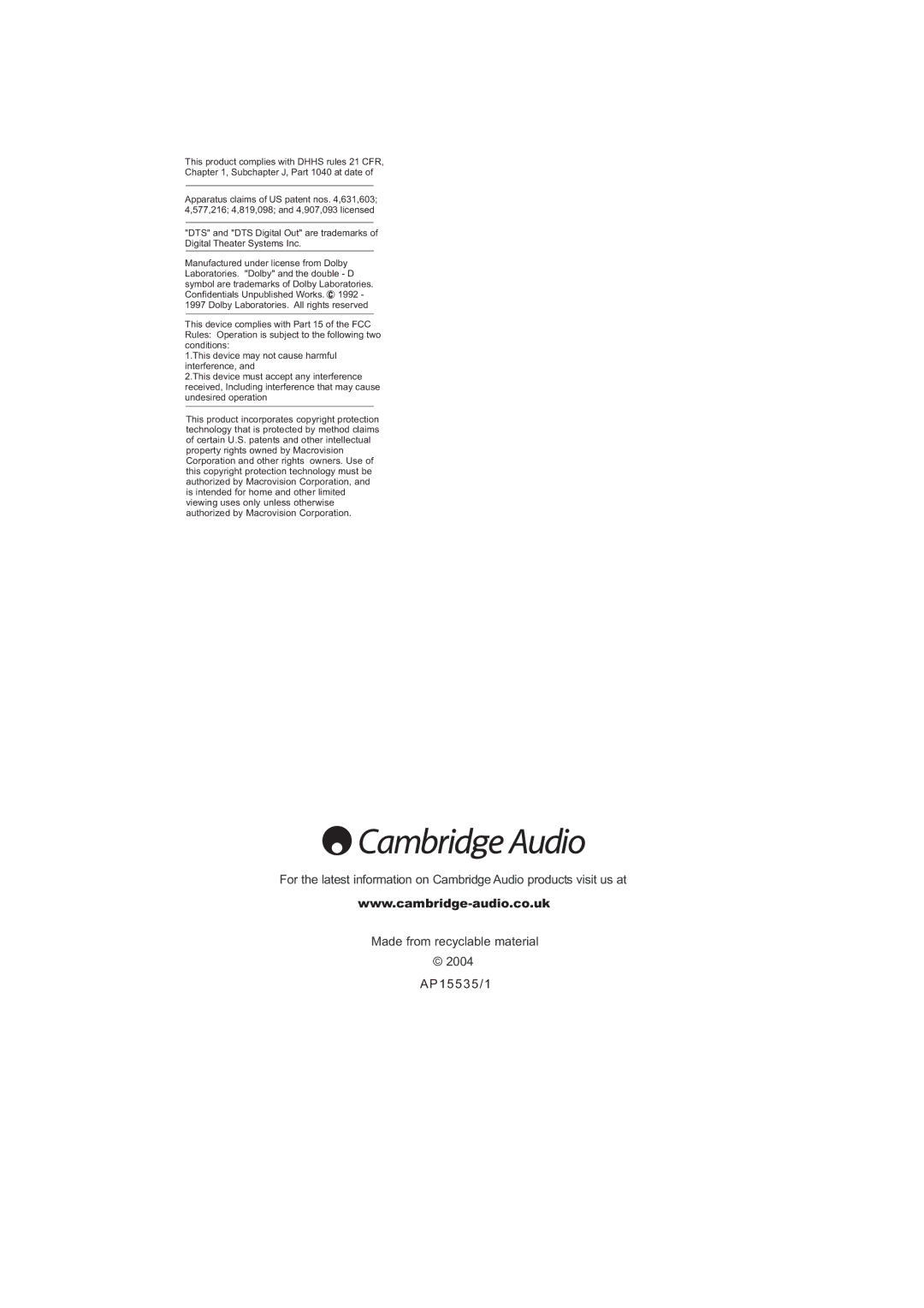 Cambridge Audio DVD55RWi owner manual 1 5 5 3 5 