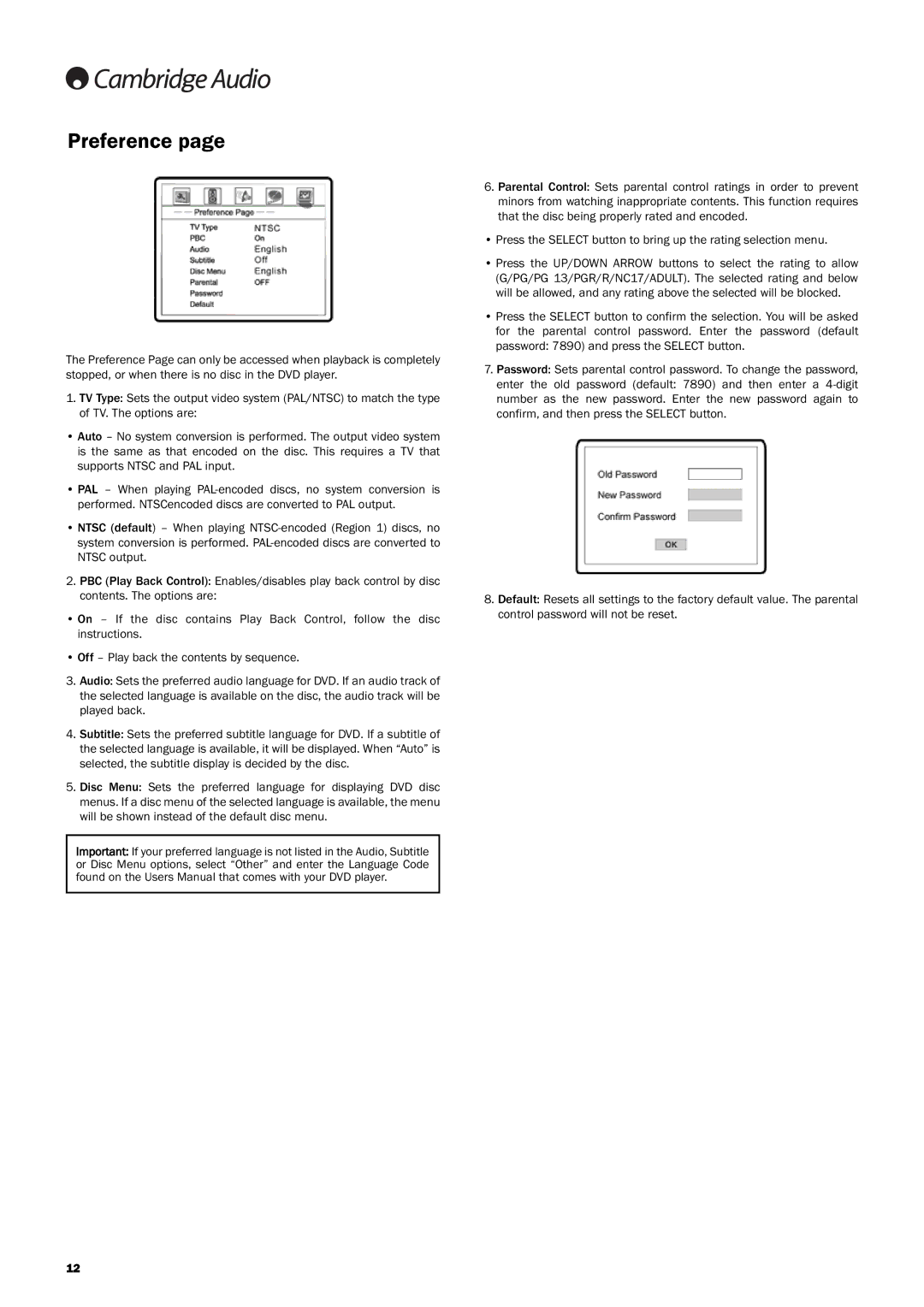 Cambridge Audio DVD89, DVD player user manual Preference 