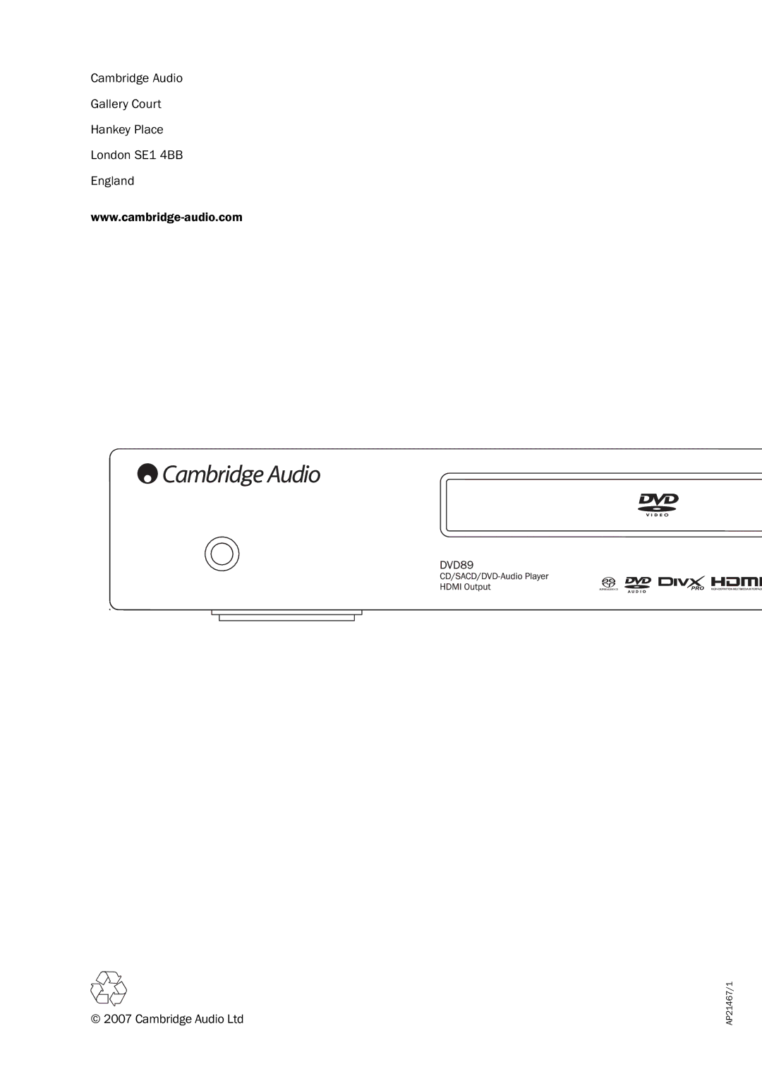 Cambridge Audio DVD player, DVD89 user manual Power 