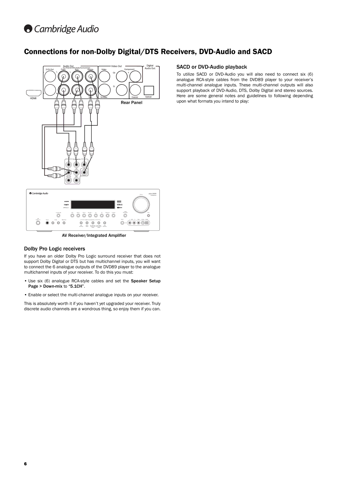 Cambridge Audio DVD89, DVD player user manual Sacd or DVD-Audio playback, Dolby Pro Logic receivers 