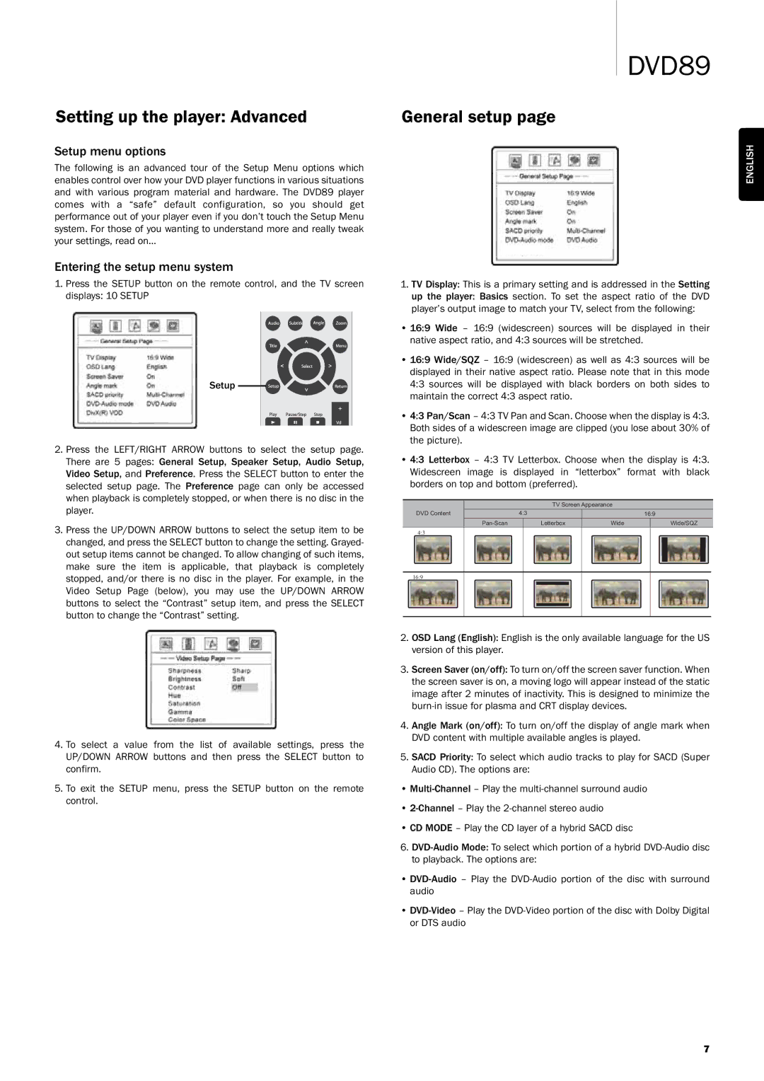 Cambridge Audio DVD player, DVD89 user manual Setting up the player Advanced, General setup, Setup menu options 