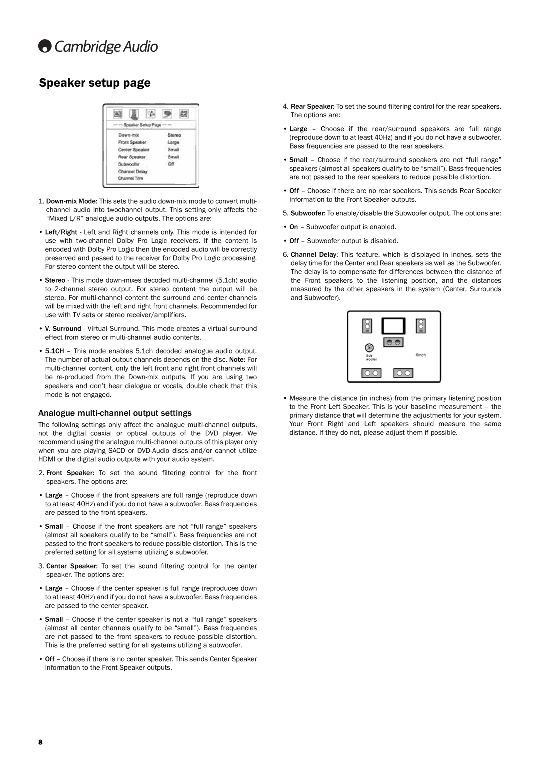 Cambridge Audio DVD89, DVD player user manual Speaker setup, Analogue multi-channel output settings 