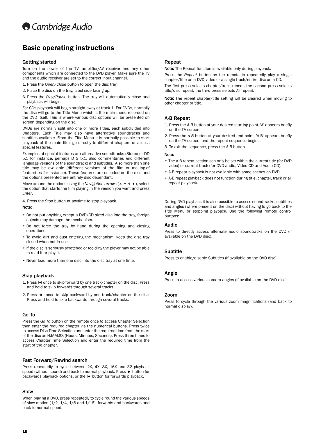 Cambridge Audio DVD99 user manual Basic operating instructions, Getting started, Skip playback, Fast Forward/Rewind search 