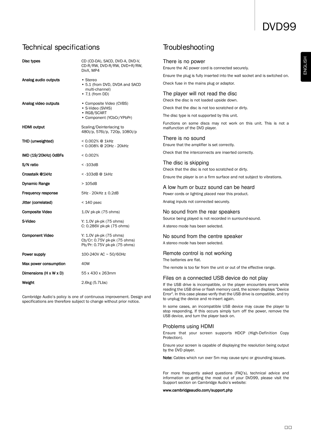 Cambridge Audio DVD99 user manual Technical specifications, Troubleshooting 