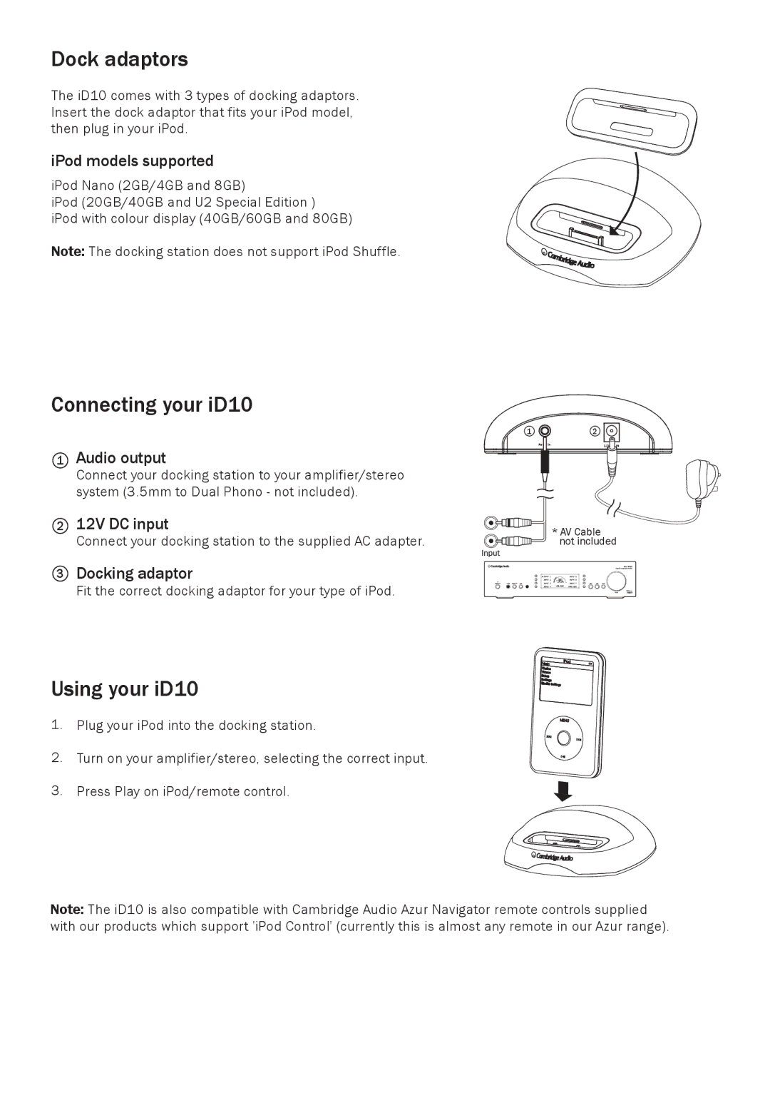 Cambridge Audio ID10 user manual Dock adaptors, Connecting your iD10, Using your iD10 