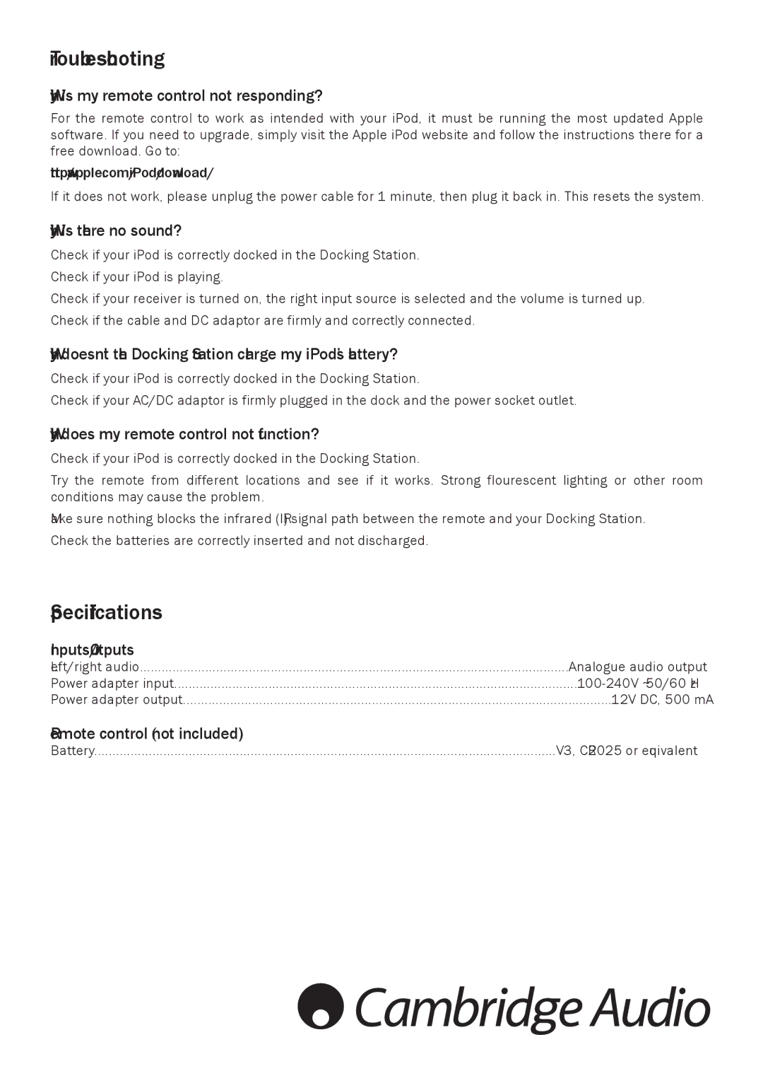 Cambridge Audio ID10 user manual Troubleshooting, Specifications 