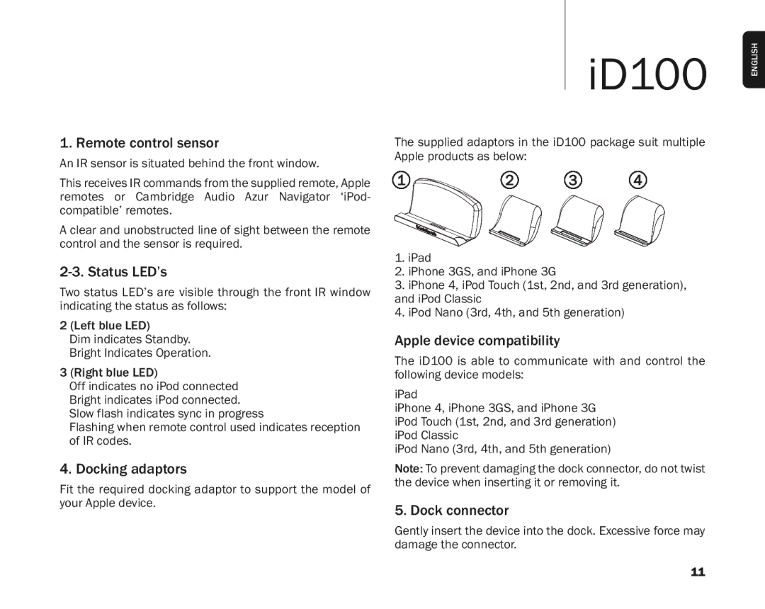 Cambridge Audio ID100 Remotecontrolsensor, StatusLED’s, Dockingadaptors, Appledevicecompatibility, Dockconnector 