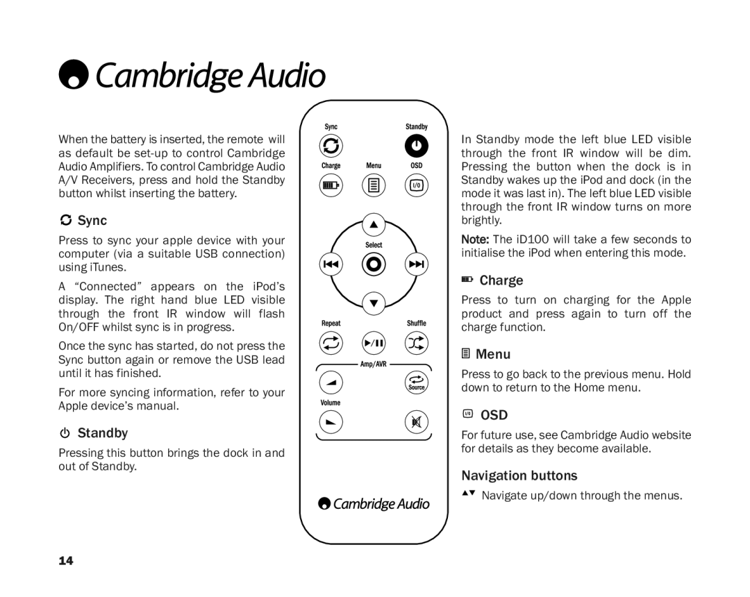 Cambridge Audio ID100 user manual Remotecontrol 