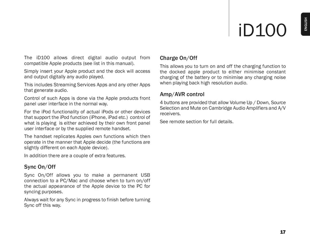 Cambridge Audio ID100 user manual Operatinginstructions, SyncOn/Off, ChargeOn/Off, Amp/AVRcontrol 