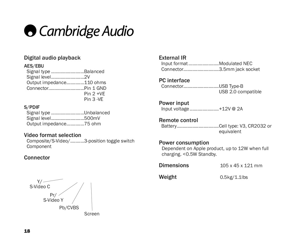 Cambridge Audio ID100 user manual Technicalspecifications 