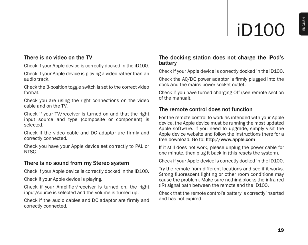 Cambridge Audio ID100 user manual Troubleshooting, ThereisnovideoontheTV, ThereisnosoundfrommyStereosystem 