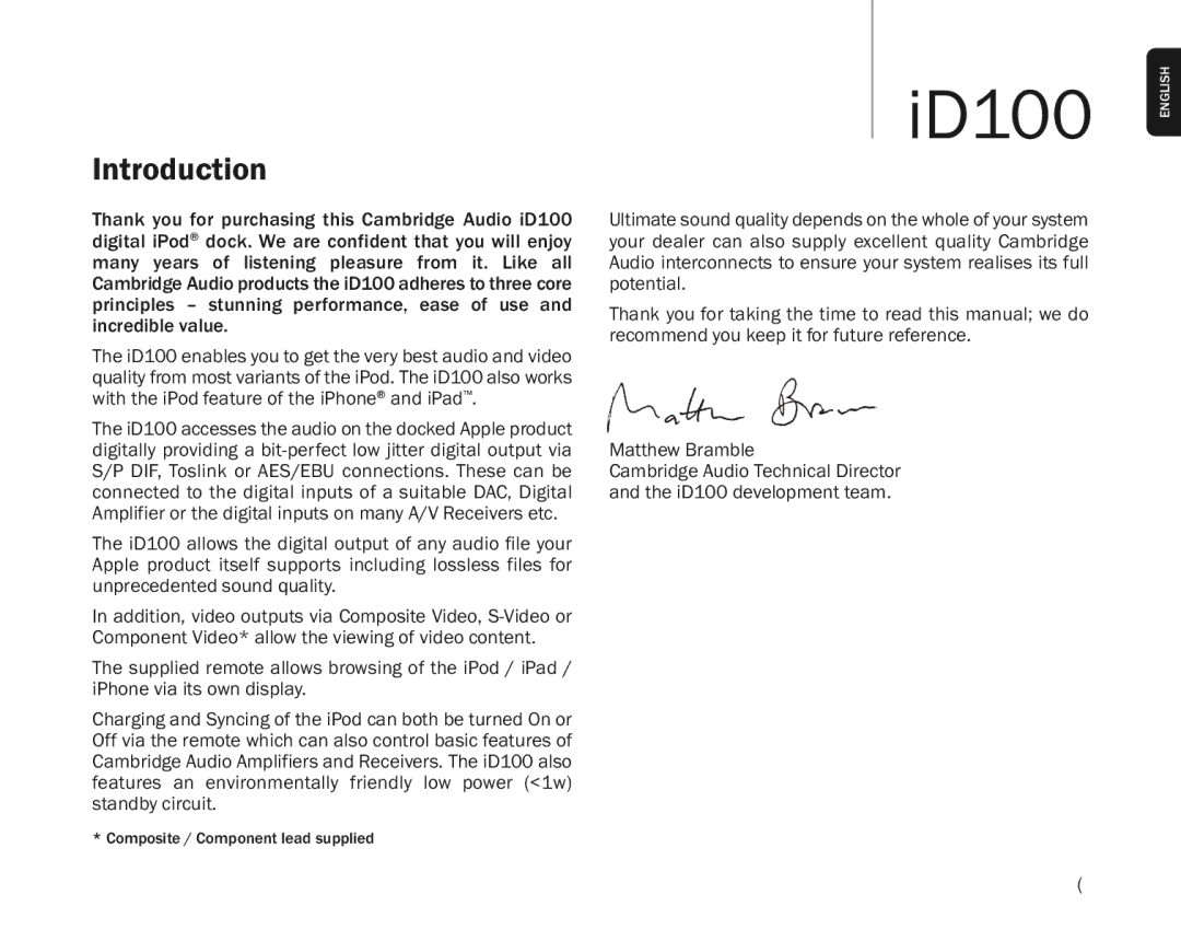 Cambridge Audio ID100 user manual Introduction 