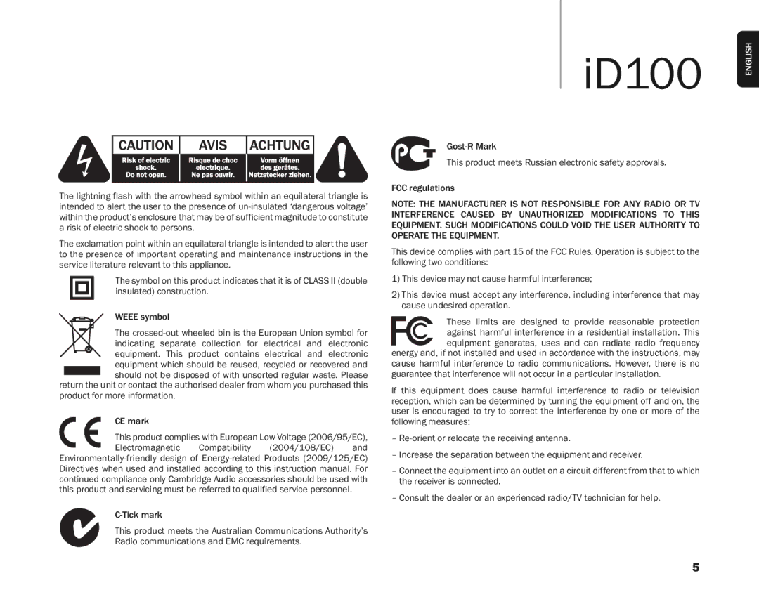 Cambridge Audio ID100 user manual CEmark 