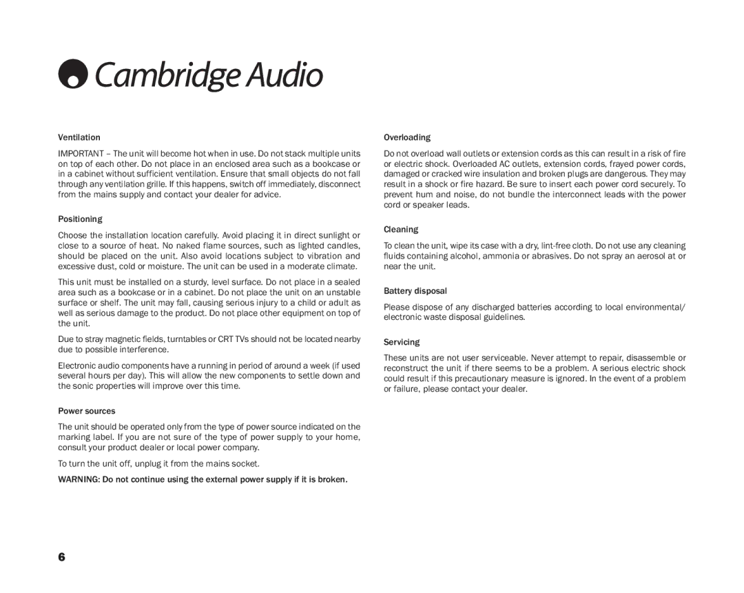 Cambridge Audio ID100 user manual Importantsafetyinstructionscont, Ventilation 