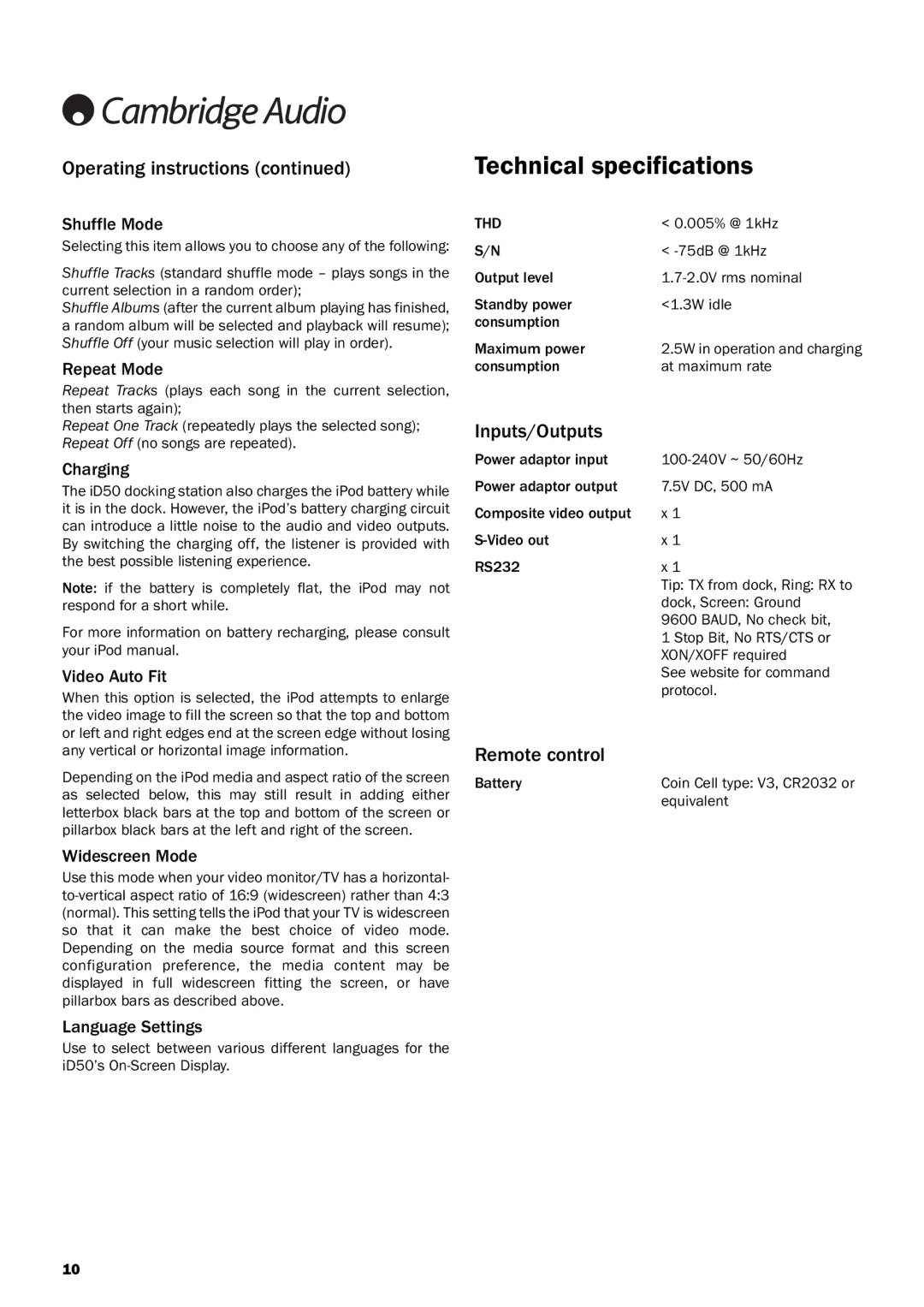 Cambridge Audio iD50 user manual Technical specifications, Operating instructions, Inputs/Outputs, Remote control 